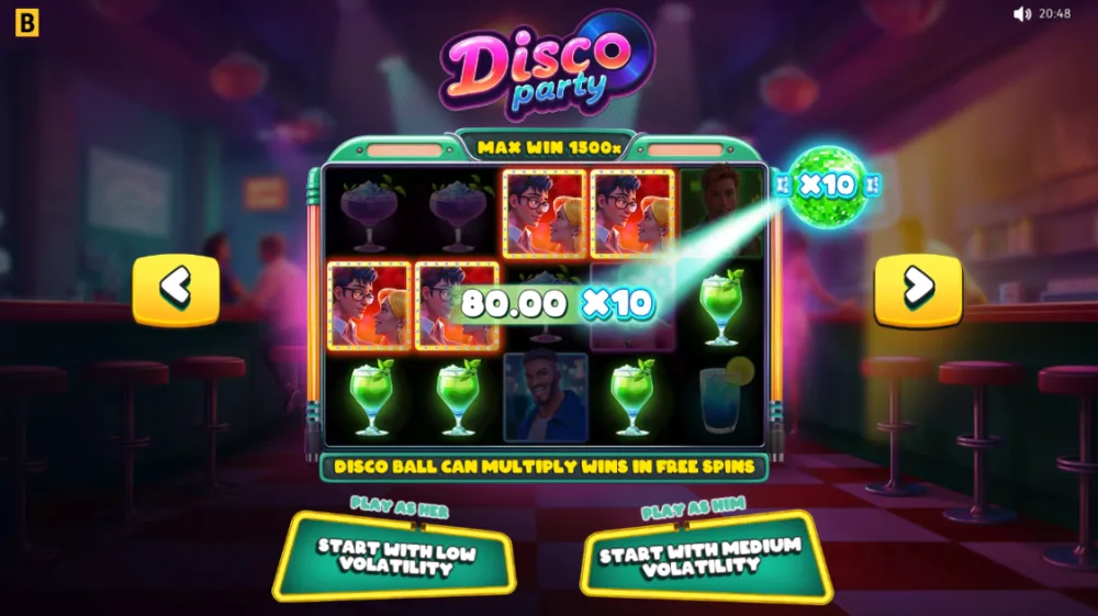 Disco Party Slot von BGaming — Disco-Tanzflaeche mit bunten Lichtern und Multiplier