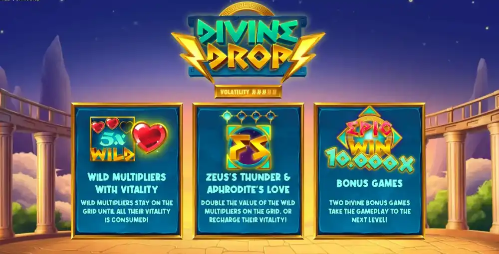 Divine Drop Slot von Hacksaw Gaming — griechische Götter mit Wild Multipliern auf 5x4 Grid
