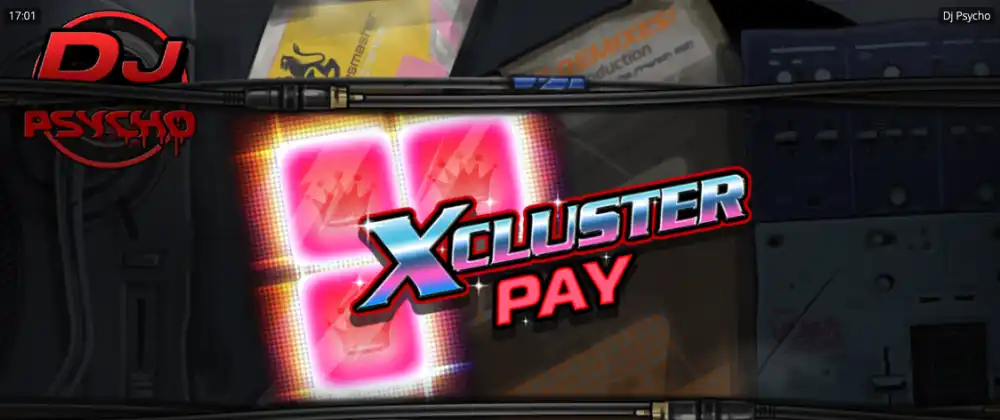 DJ Psycho Slot von Nolimit City — 4x4 Cluster Grid mit Beat Bar und Neon-Rave-Design