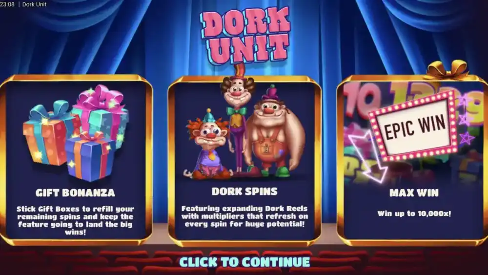 Dork Unit Startbildschirm mit Clown Lenny und bunten Früchten auf dem 5x4 Grid