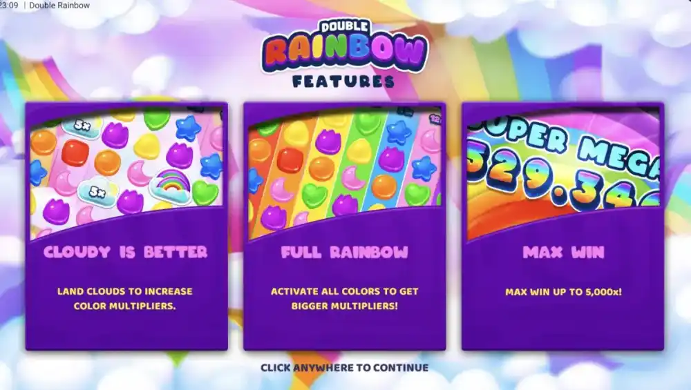 Double Rainbow Slot von Hacksaw Gaming — Buntes Candy-Theme mit Regenbogen auf dem 7x6 Grid