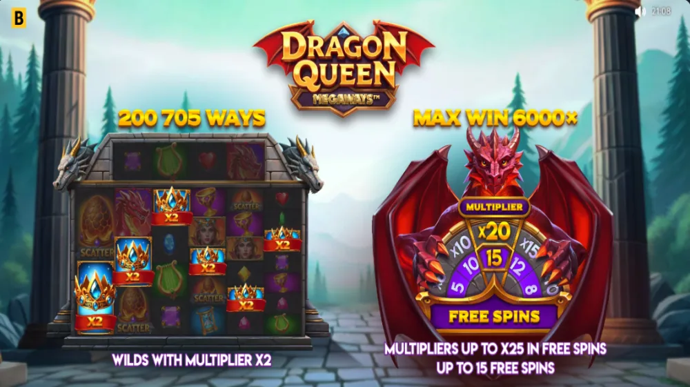 Dragon Queen Megaways Slot von BGaming — Drachenkönigin mit Megaways Grid und Wheel of Fortune