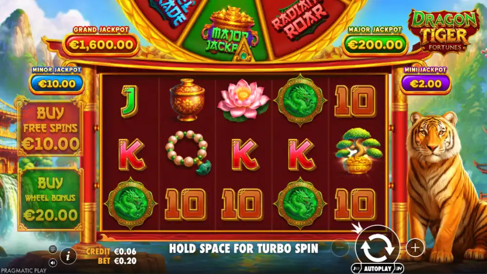 Dragon Tiger Fortunes Slot von Pragmatic Play — Spielansicht mit Drachen und Tiger Symbolen