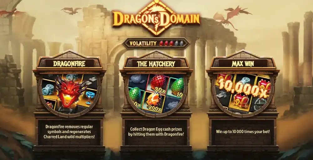 Dragons Domain Slot mit Drachen-Theme und Charred Land Wilds auf dem 6x5 Scatter-Pays-Grid von Hacksaw Gaming