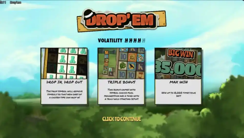 Drop Em Startbildschirm mit Canny und Mona über dem 5x6 Grid mit Drop-Symbolen