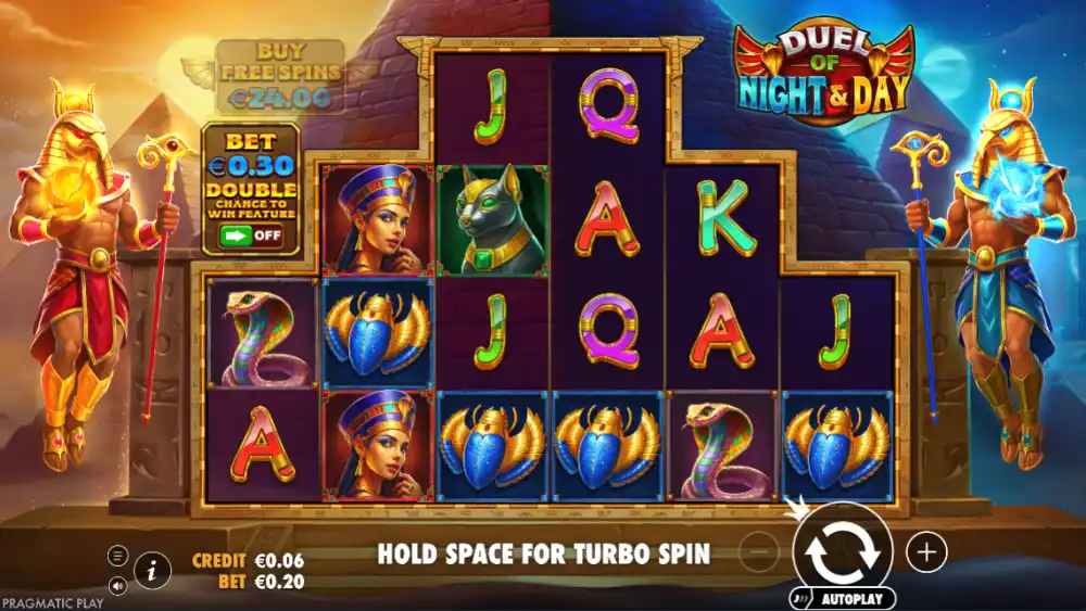 Duel of Night and Day Slot von Pragmatic Play — Spielansicht mit Sonne und Mond Multiplikatoren
