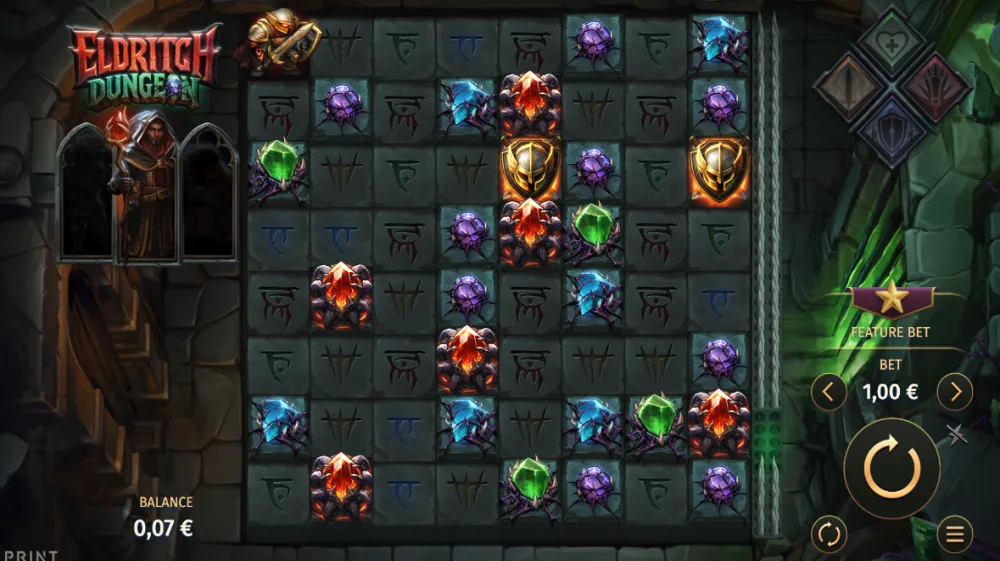 Eldritch Dungeon Slot von Print Studios — 8x8 Cluster Grid mit Dungeon Battle