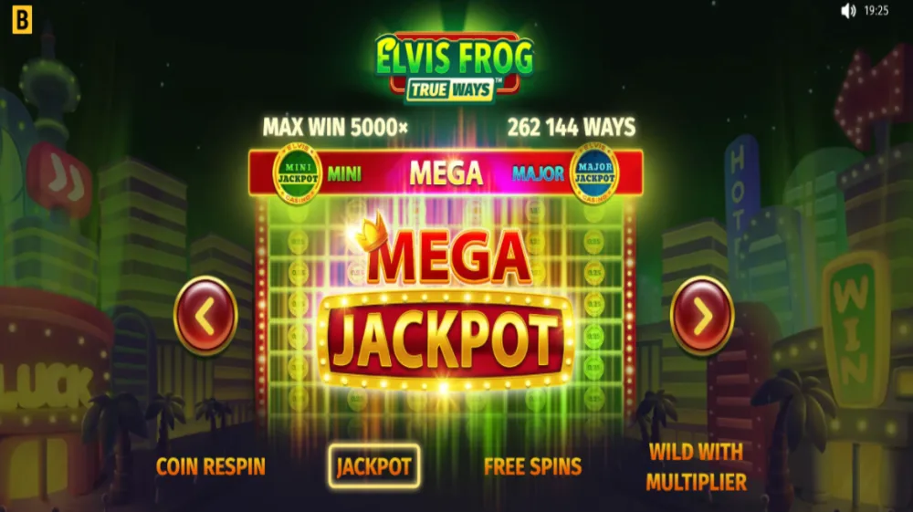 Elvis Frog TrueWays Slot von BGaming — Frosch mit Gitarre auf der Bühne