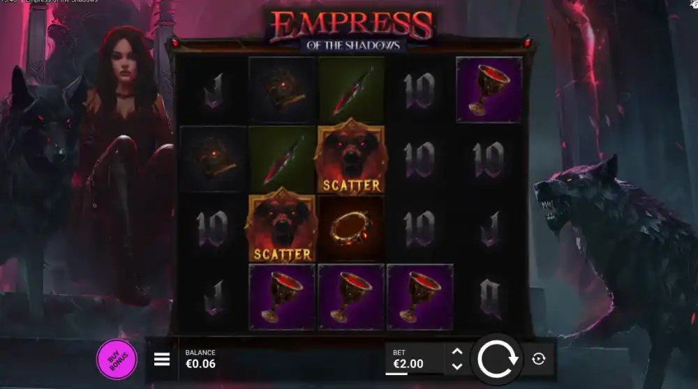 Empress of the Shadows Slot von Bullshark Games — Gothic-Spielfeld mit Mystery Symbols