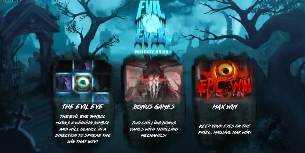 Evil Eyes Slot von Hacksaw Gaming mit düsterem Friedhof-Setting und dem Shade-Charakter