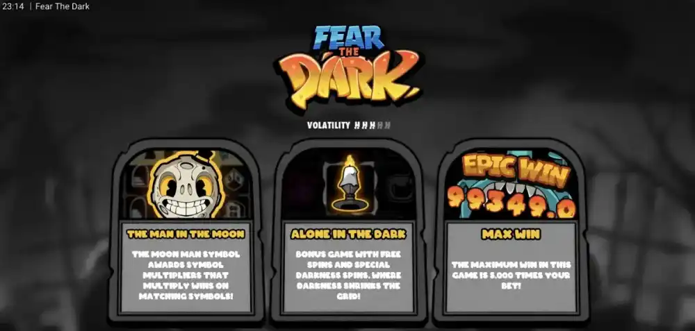 Fear the Dark Slot von Hacksaw Gaming — dunkler Wald mit Vollmond über dem 6x6 Grid