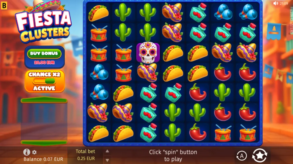 Fiesta Clusters Slot von BGaming — Cluster Pays Gameplay auf dem 7x7 Grid