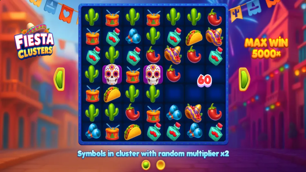 Fiesta Clusters Slot von BGaming — Mexikanisches Fest mit bunten Symbolen auf 7x7 Grid