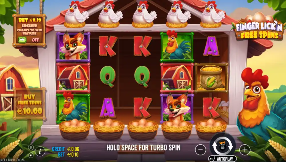 Finger Lickn Free Spins Slot von Pragmatic Play — Bauernhof mit goldenen Eiern und Hühnern