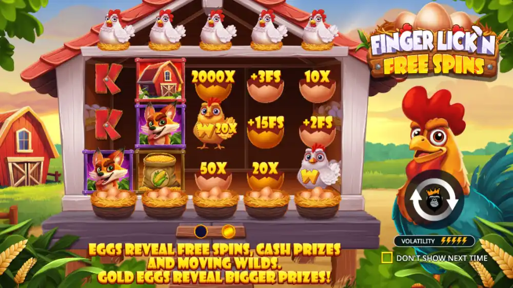 Finger Lickn Free Spins Slot von Pragmatic Play — Bauernhof-Theme mit goldenen Eiern und Roaming Wilds