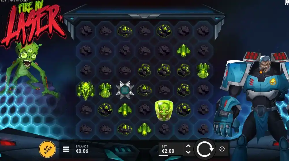 Fire My Laser Slot von Hacksaw Gaming — Spielansicht mit Bomben und Lasern
