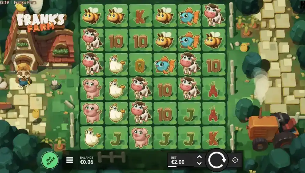 Franks Farm Slot von Hacksaw Gaming — Spielfläche mit Cluster Pays