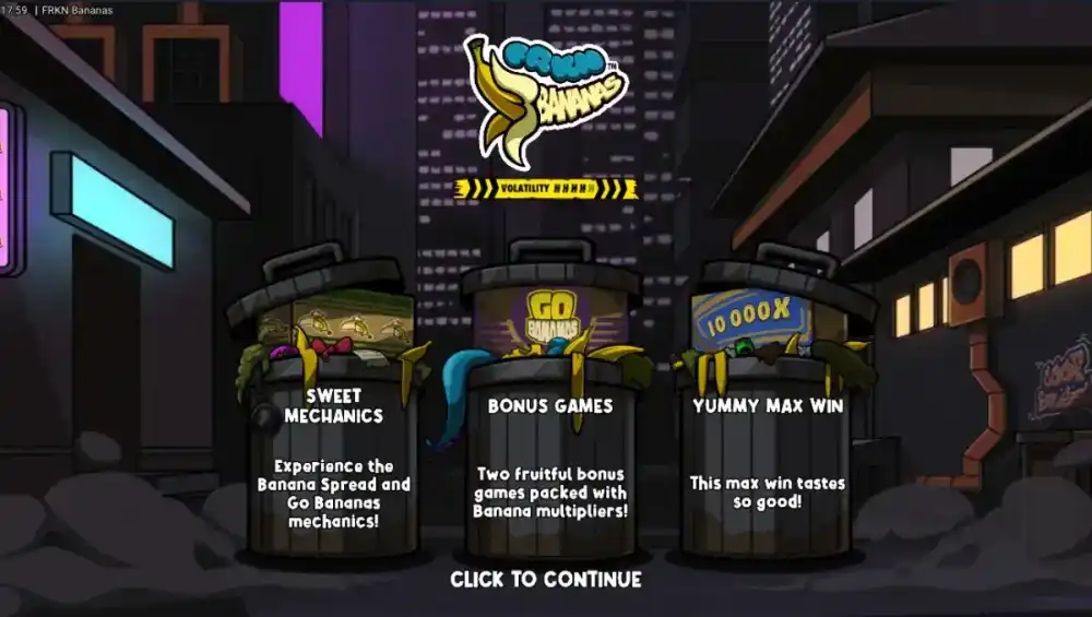 FRKN Bananas Slot von Hacksaw Gaming — buntes Bananen-Theme mit Spreading Wilds auf dem 6x5 Grid