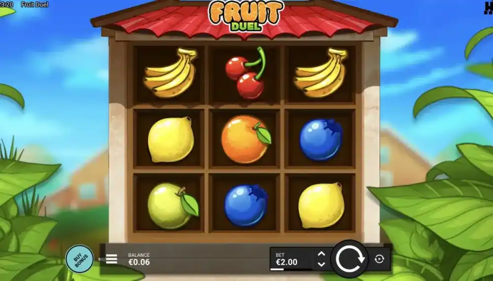 Fruit Duel Slot von Hacksaw Gaming — Gameplay mit VS-Symbolen auf dem 3x3 Grid