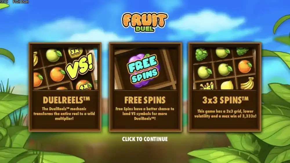 Fruit Duel Retro-Frucht-Grid mit VS-Symbol und bunten Obstsorten auf dem 3x3 Layout