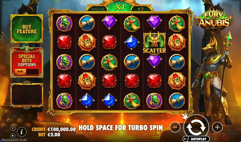 Fury of Anubis de Pragmatic Play con el contador de multiplicador sobre el grid
