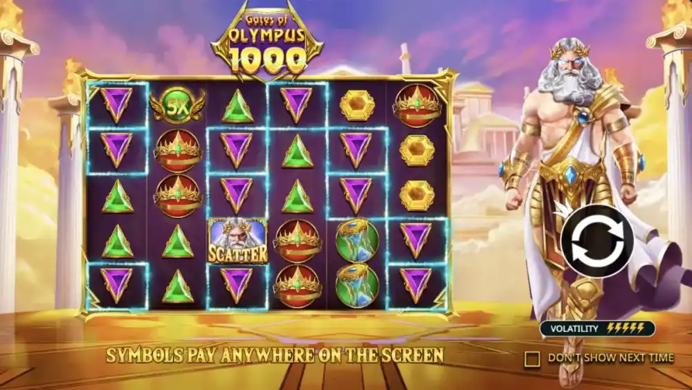 Gates of Olympus 1000 mit Zeus und goldenen Multiplikator-Symbolen auf dem 6x5 Grid