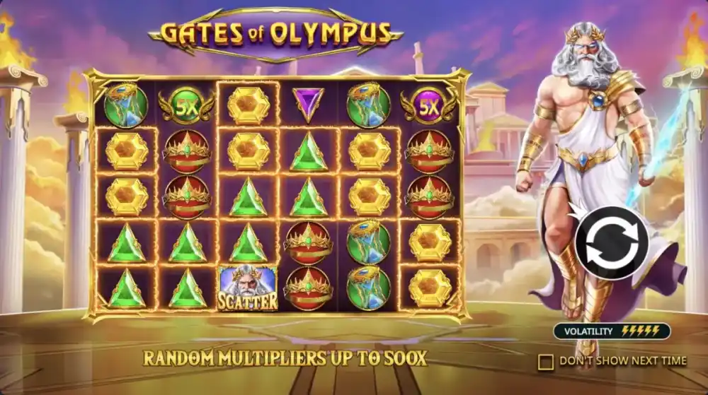 Gates of Olympus Slot mit Zeus und goldenen Multiplikator-Symbolen auf dem 6x5 Grid von Pragmatic Play