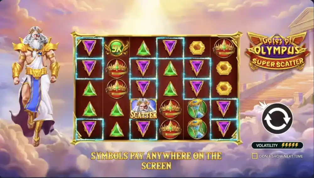 Gates of Olympus Super Scatter Slot von Pragmatic Play — Zeus mit goldenen Super Scatter Symbolen auf dem 6x5 Grid