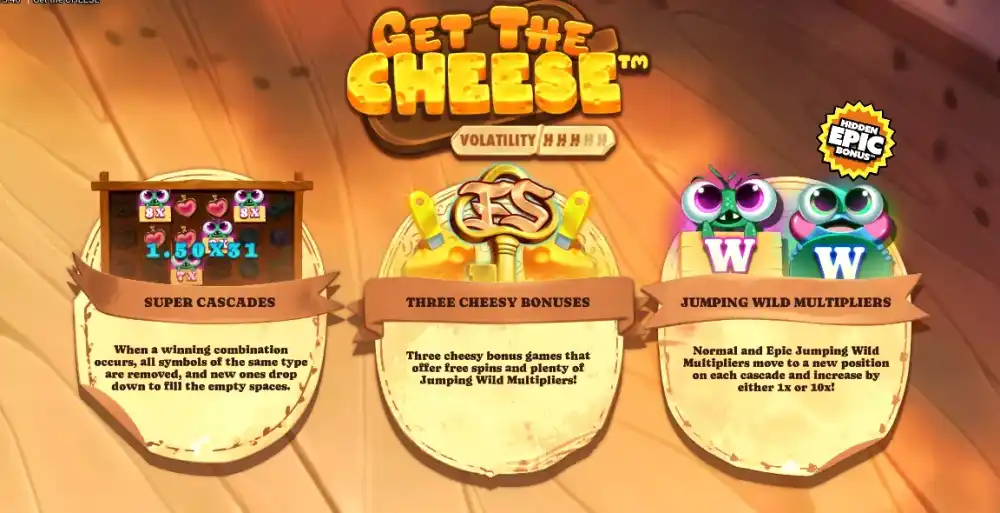 Get the Cheese Slot von Hacksaw Gaming mit Mäuse-Theme und Käse-Symbolen auf dem 6x5 Grid