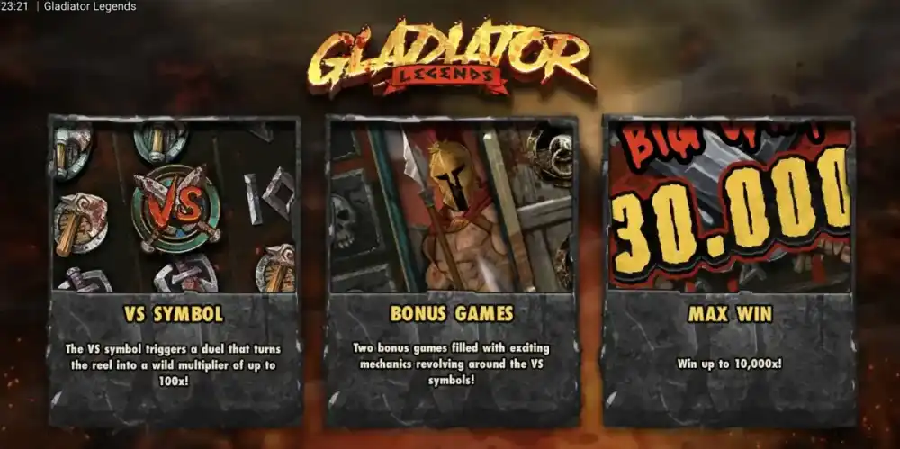 Gladiator Legends Arena-Setting mit Gladiatoren und VS-Symbolen auf dem 5x4 Grid