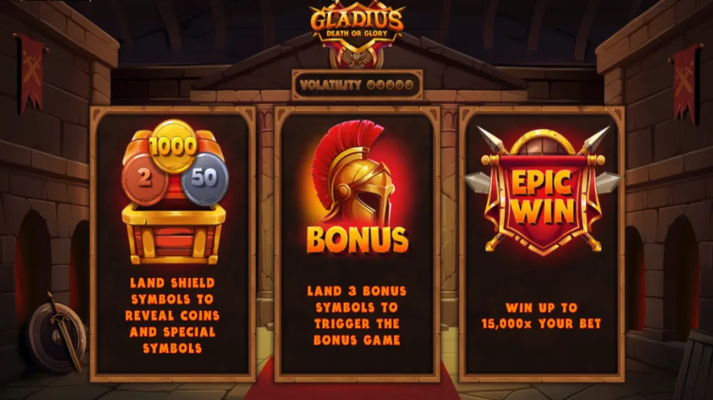 Gladius Death Or Glory Slot von Backseat Gaming — 5x5 Shield-Grid im Kolosseum-Setting