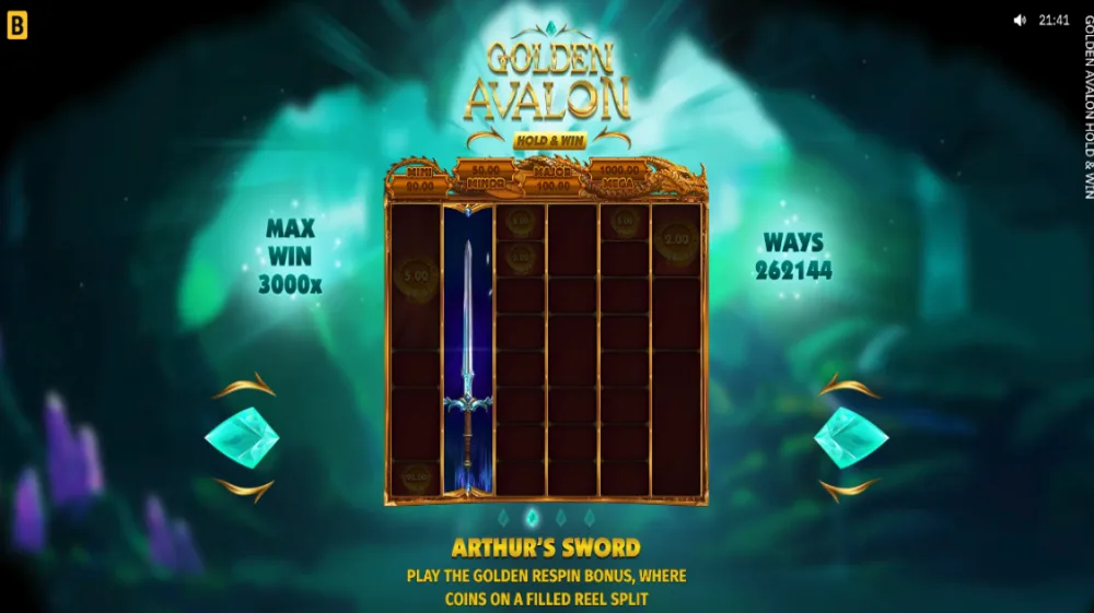 Golden Avalon Hold and Win Slot von BGaming — König Arthur und Merlin auf dem TrueWays Grid