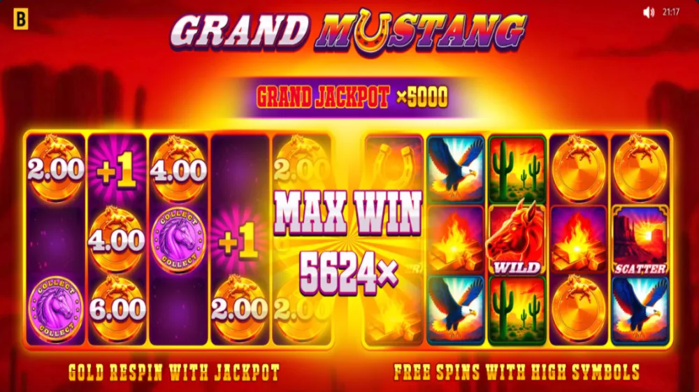 Grand Mustang Slot von BGaming — Western-Theme auf dem 5x3 Grid mit Coin-Symbolen