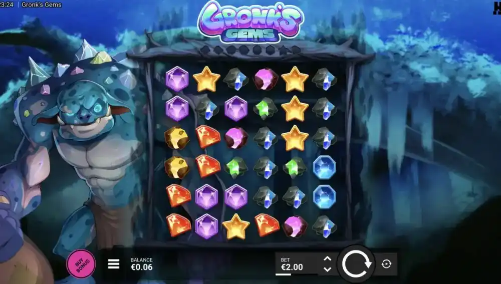 Gronks Gems Slot von Hacksaw Gaming — Edelstein-Cluster auf dem Spielfeld