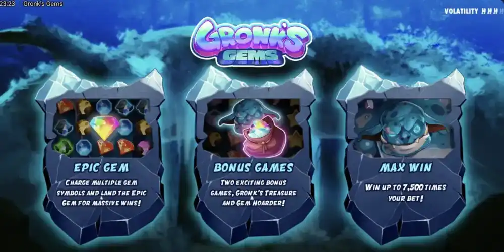 Gronks Gems Höhlen-Setting mit Troll Gronk und bunten Edelsteinen auf dem 6x6 Grid