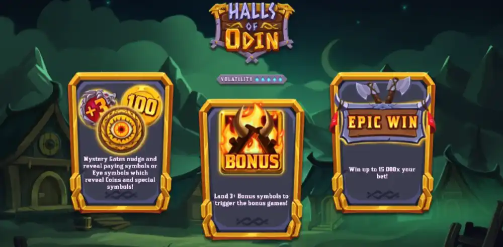 Halls of Odin Slot von Backseat Gaming — Wikinger Nudge Gates auf dem 5x4 Grid
