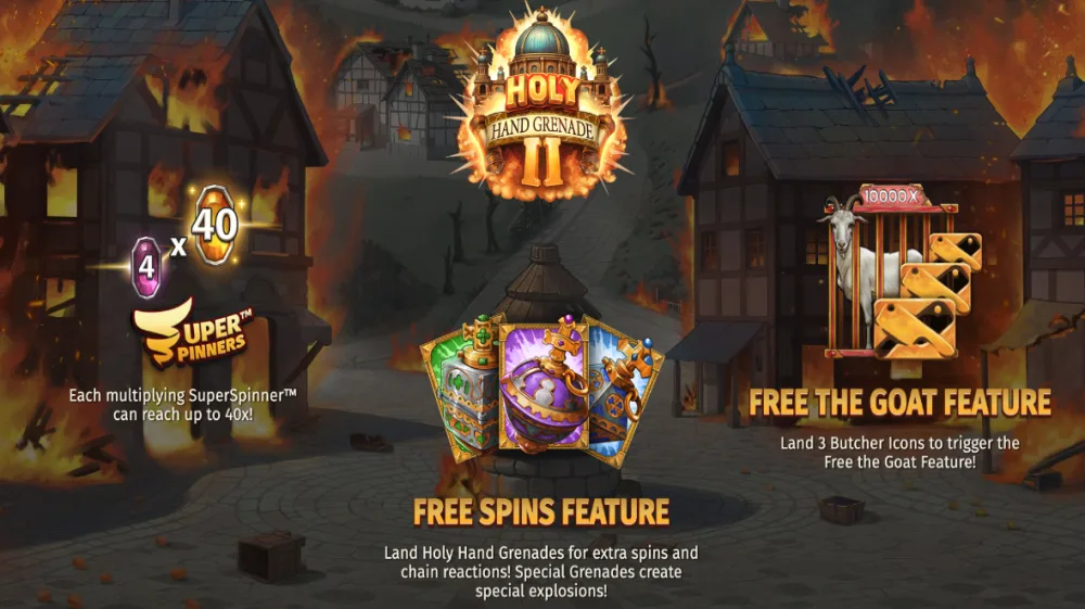 Holy Hand Grenade 2 Slot von Print Studios — drei Granaten-Typen auf dem 6x4 Grid