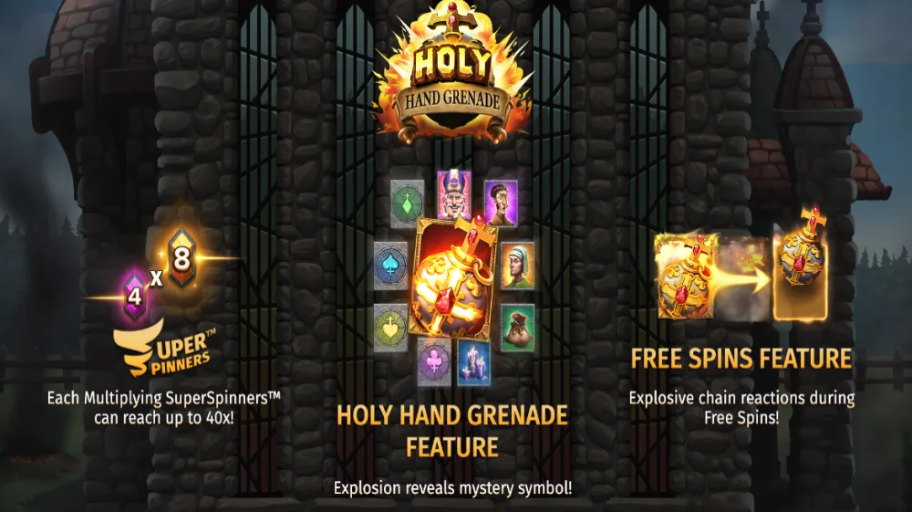 Holy Hand Grenade Slot von Print Studios — mittelalterliches Theme mit Granaten auf dem 5x4 Grid