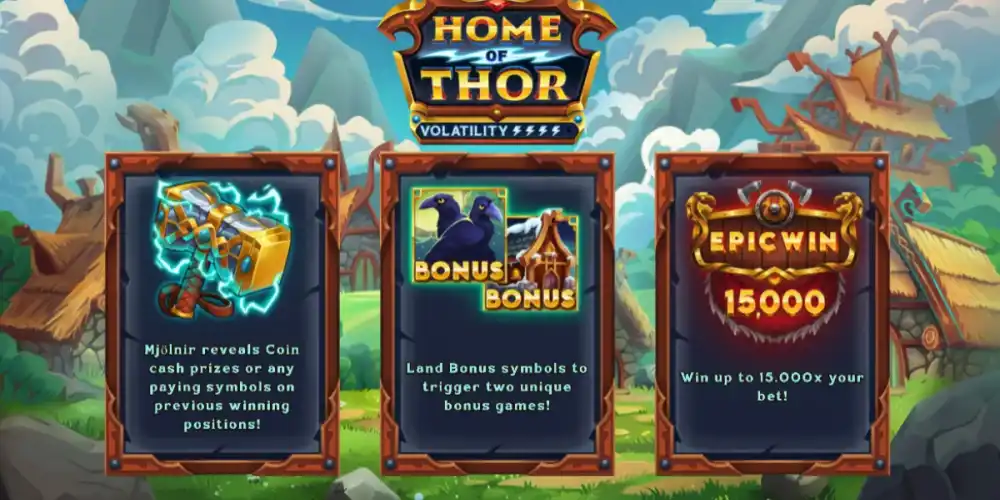 Home of Thor Slot von Backseat Gaming mit nordischem Dorf und Runensteinen