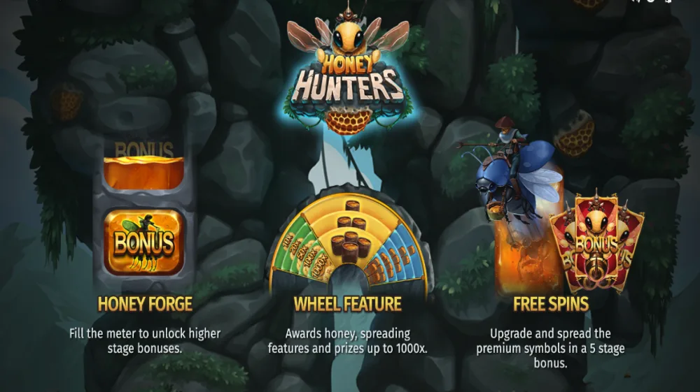 Honey Hunters Slot von Print Studios — Bienen-Theme auf dem 5x3 Grid mit Honey Forge