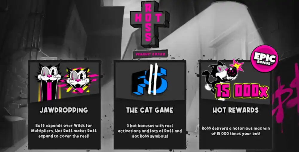 Hot Ross Slot von Hacksaw Gaming mit Straßenkatze im urbanen Neon-Setting