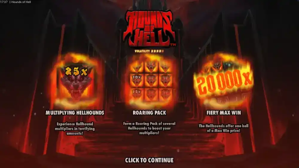 Hounds of Hell Slot von Hacksaw Gaming — düsteres Höllen-Theme mit Hellhound-Symbolen auf 5x5 Grid