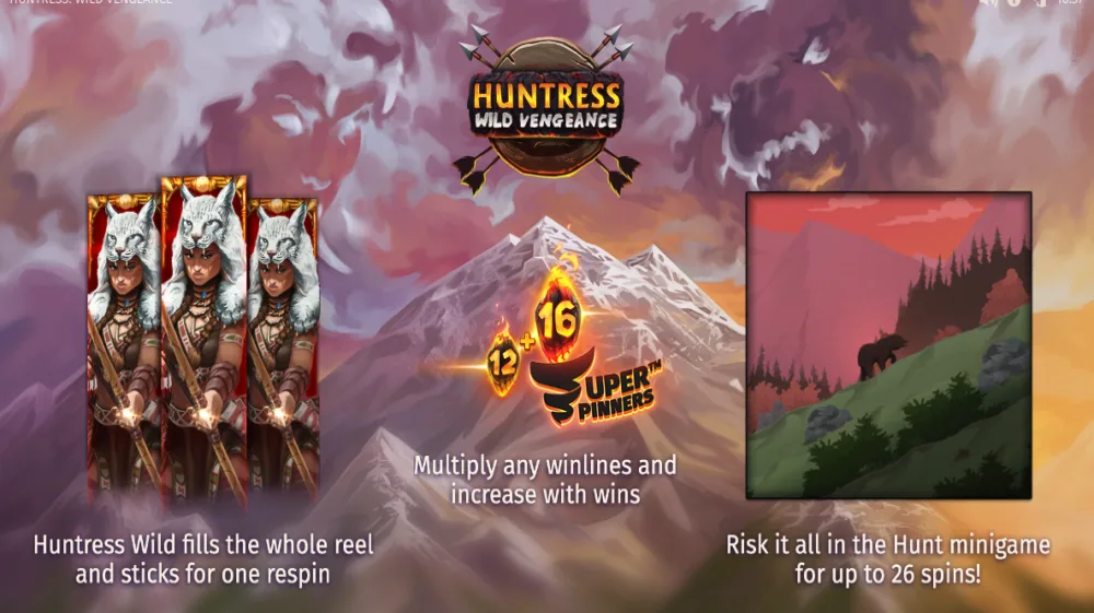 Huntress Wild Vengeance Slot von Print Studios — Wildnis-Theme mit Huntress Wilds auf dem 5x3 Grid