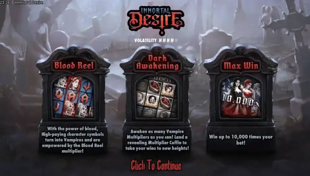Immortal Desire Slot von Hacksaw Gaming — gotisches Vampir-Setting mit Blood Reels auf dem 5x4 Grid