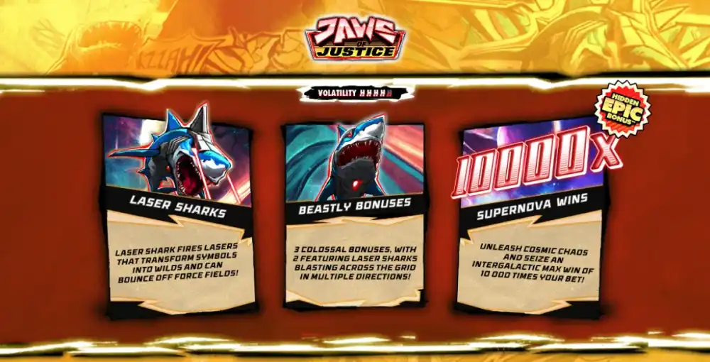 Jaws of Justice Slot von Hacksaw Gaming mit Laser-Haien im Weltraum