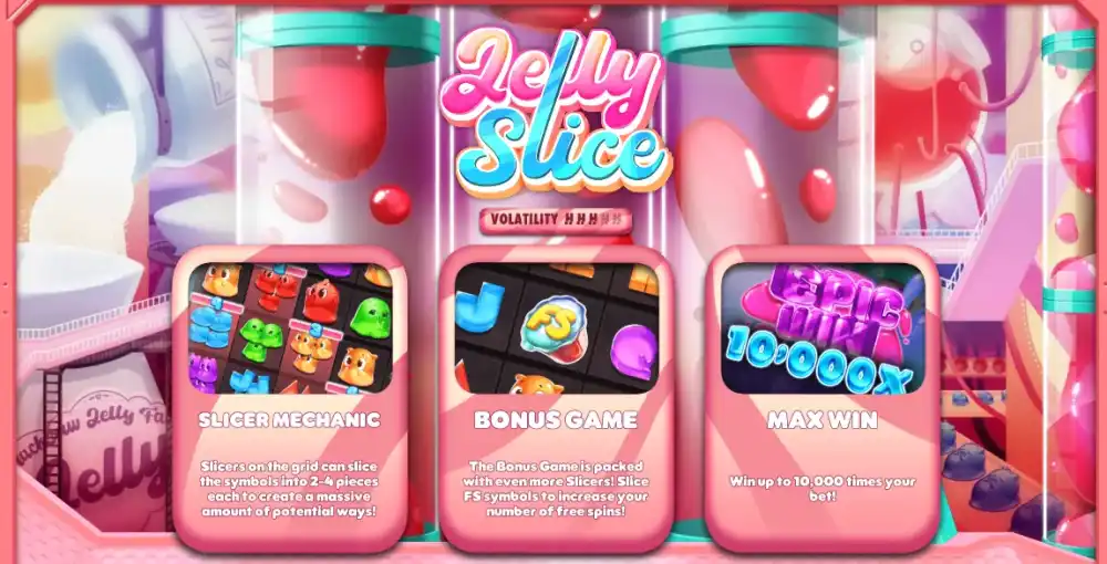 Jelly Slice Slot von Hacksaw Gaming mit bunten Geleefiguren und Slicer-Mechanik