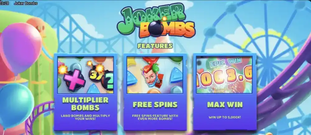 Joker Bombs Slot von Hacksaw Gaming — buntes Jahrmarkt-Setting mit Bomben auf dem 6x5 Grid