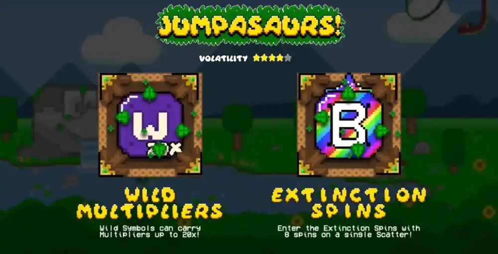 Jumpasaurs Slot von Jinx Gaming mit 8-Bit Dinosauriern auf dem Spielfeld