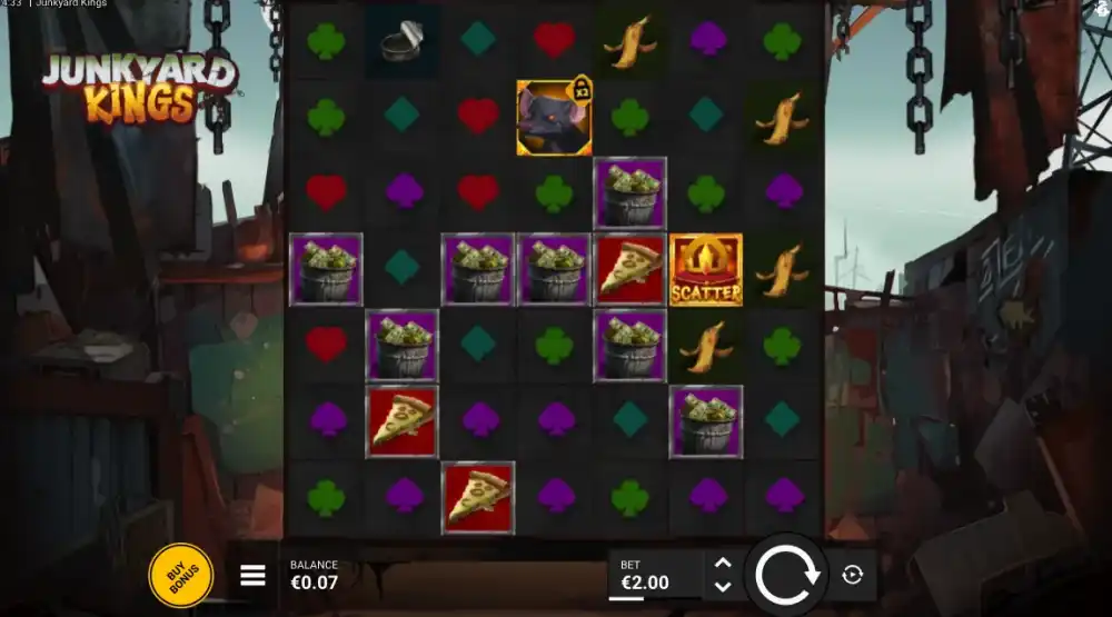 Junkyard Kings Slot von Bullshark Games — Gameplay auf dem 7x7 Grid
