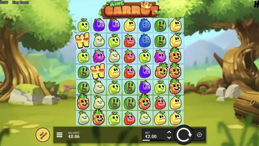 King Carrot Slot von Hacksaw Gaming — Karotten-Cluster auf dem 7x7 Grid